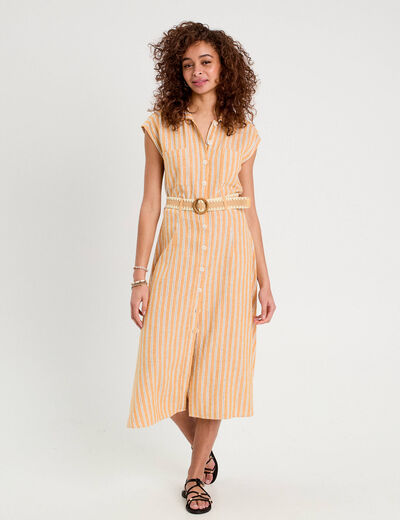 Robe chemise midi contenant du lin jaune femme