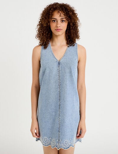 Robe courte &eacute;vas&eacute;e en jean sans manches denim bleach femme
