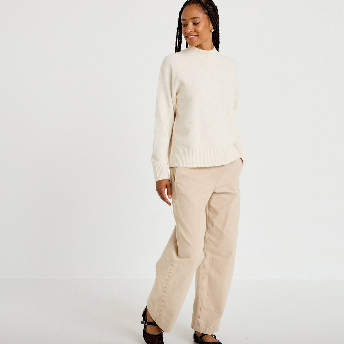 Pantalon chino coupe barrel beige femme