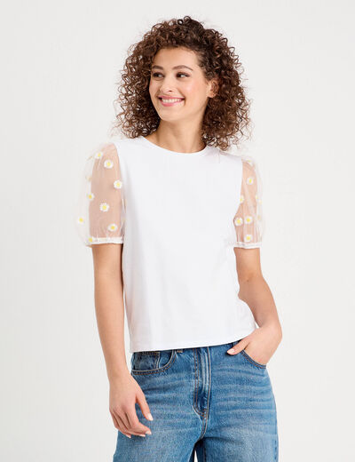 T-shirt manches brodées blanc femme