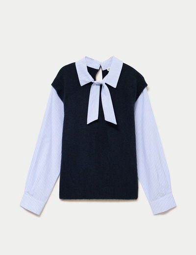 Pull fin 2-en-1 manches longues bleu marine femme