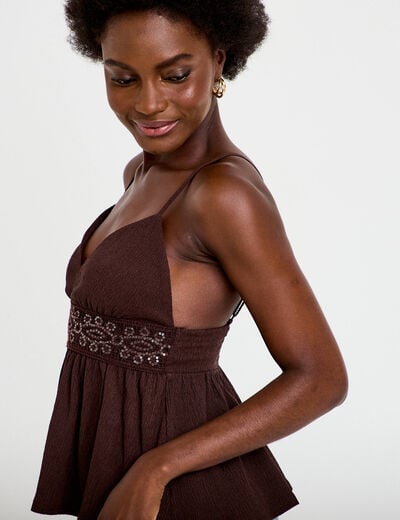 D&eacute;bardeur d&eacute;tail crochet marron fonc&eacute; femme