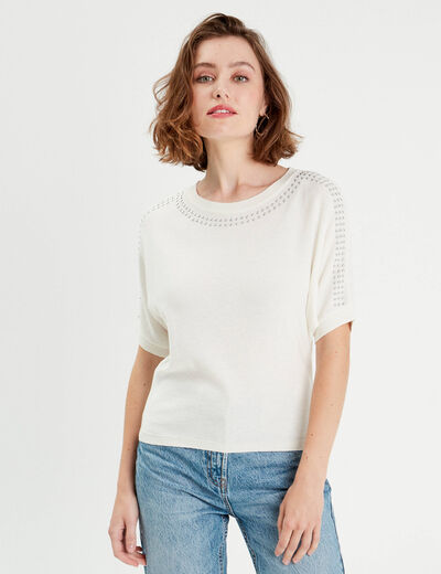 Pull manches courtes clous ecru femme