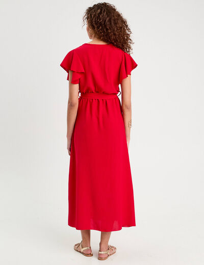 Robe longue évasée cache-coeur rouge fluo femme
