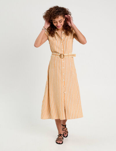 Robe chemise midi contenant du lin jaune femme