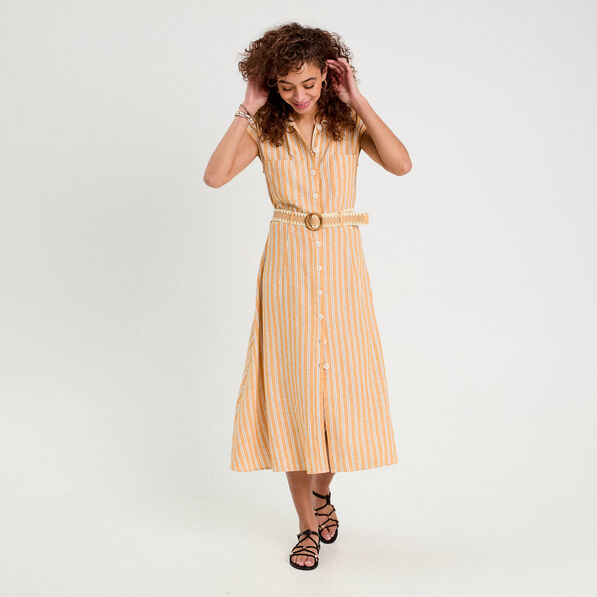 Robe chemise midi contenant du lin jaune femme
