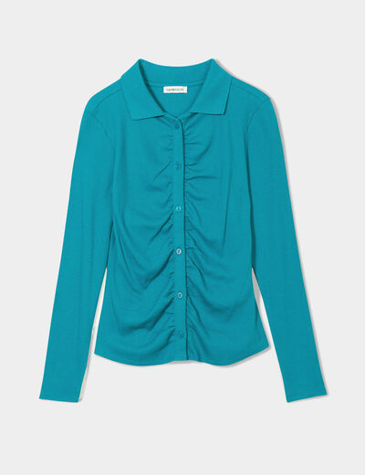 T-shirt côtelé avec fronces bleu femme
