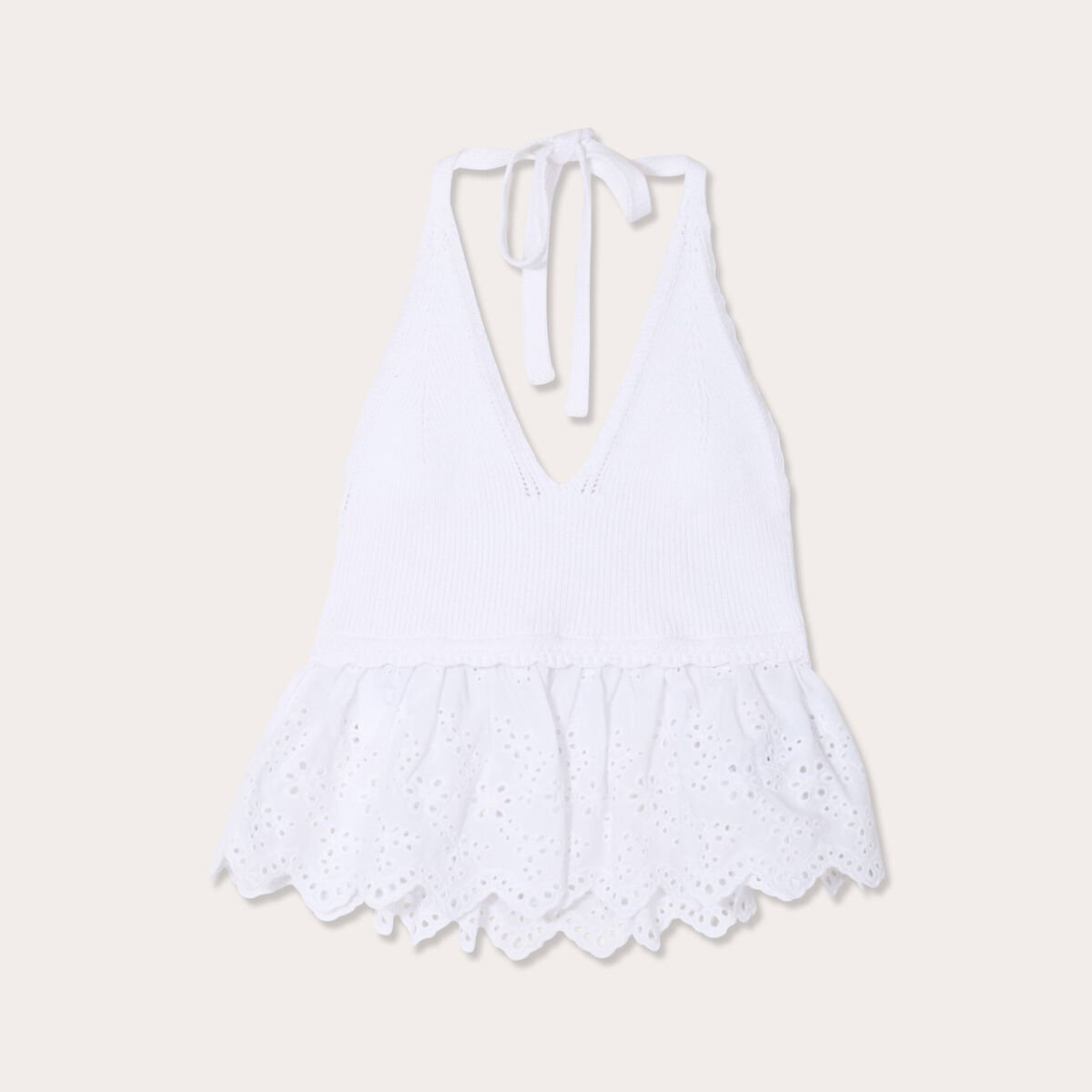 Crop top tricot avec broderie blanc femme