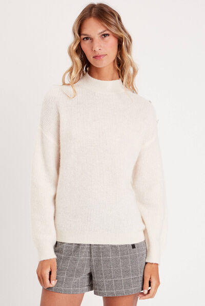 Pull col montant ecru femme