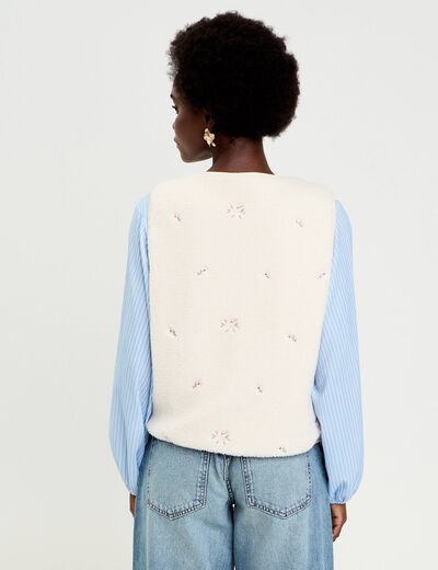 Gilet sans manches brod&eacute; effet polaire blanc femme