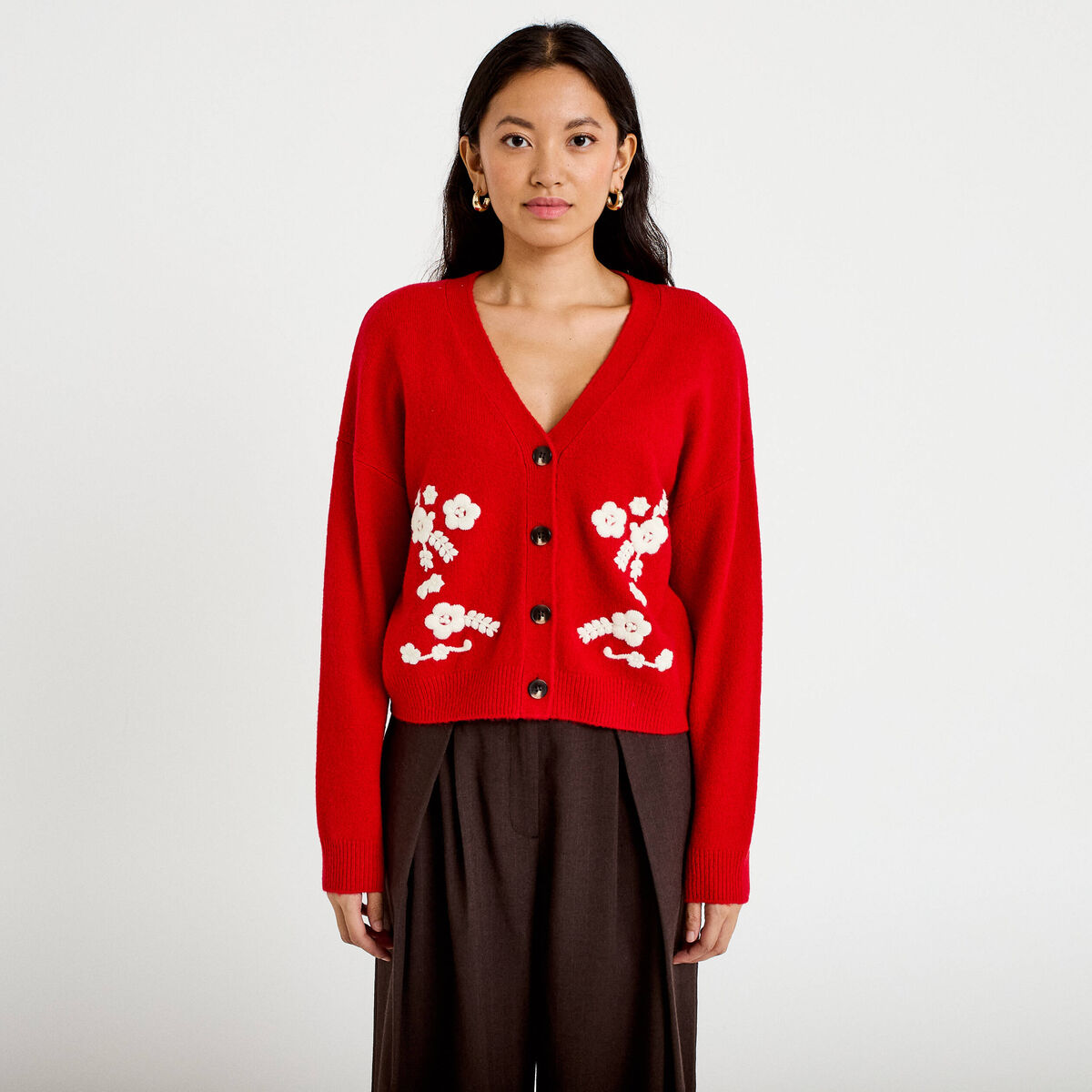 Gilet brod&eacute; col v manches longues rouge femme