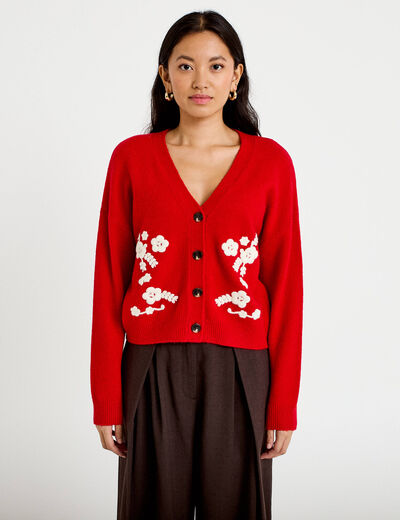 Gilet brod&eacute; col v manches longues rouge femme