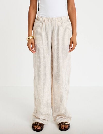 Pantalon large taille haute creme femme