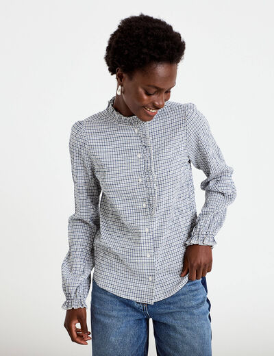 Chemise droite manches longues bleu fonc&eacute; femme