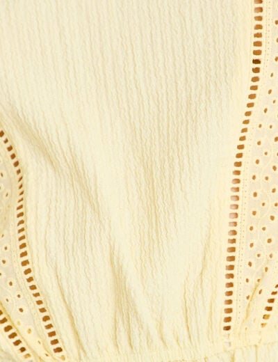Blouse col rond manches courtes dentelle jaune pastel femme