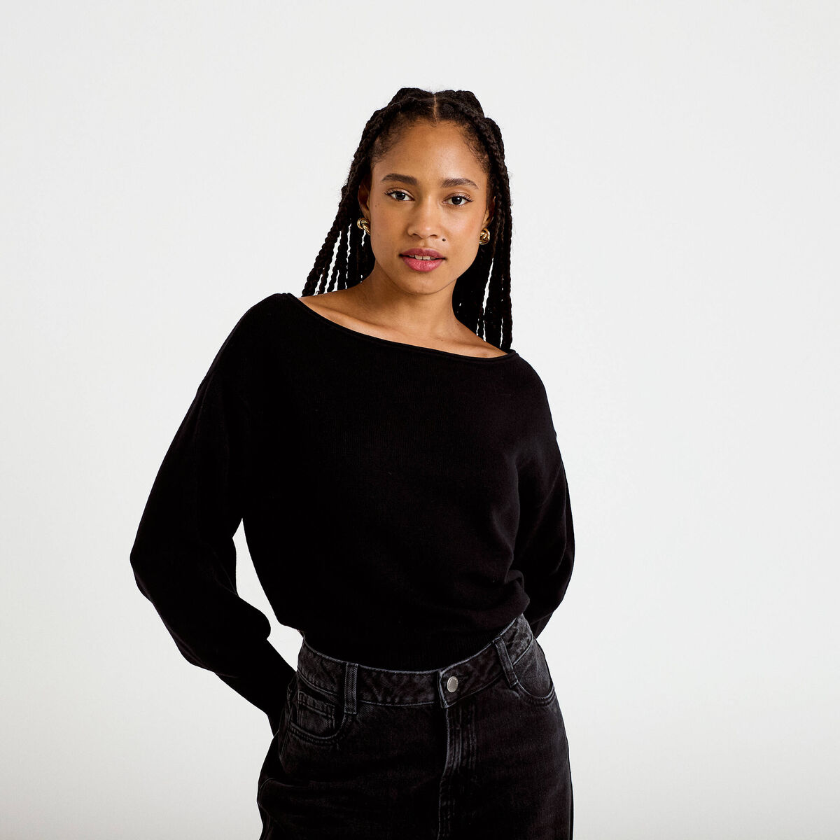 Pull oversize col bateau manches longues noir femme
