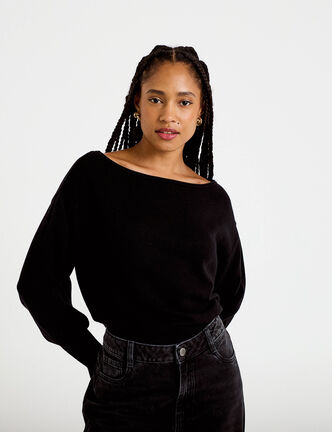 Pull oversize col bateau manches longues noir femme