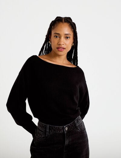 Pull oversize col bateau manches longues noir femme