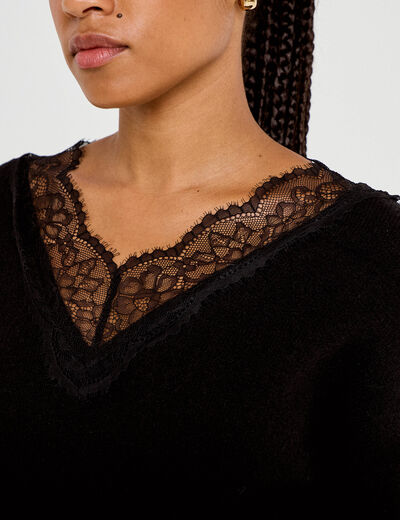Pull col v manches longues dentelle noir femme
