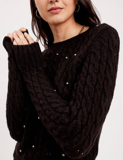 Pull avec torsades et perles noir femme