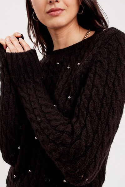Pull avec torsades et perles noir femme