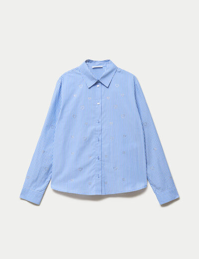 Chemise droite col am&eacute;ricain strass bleu femme