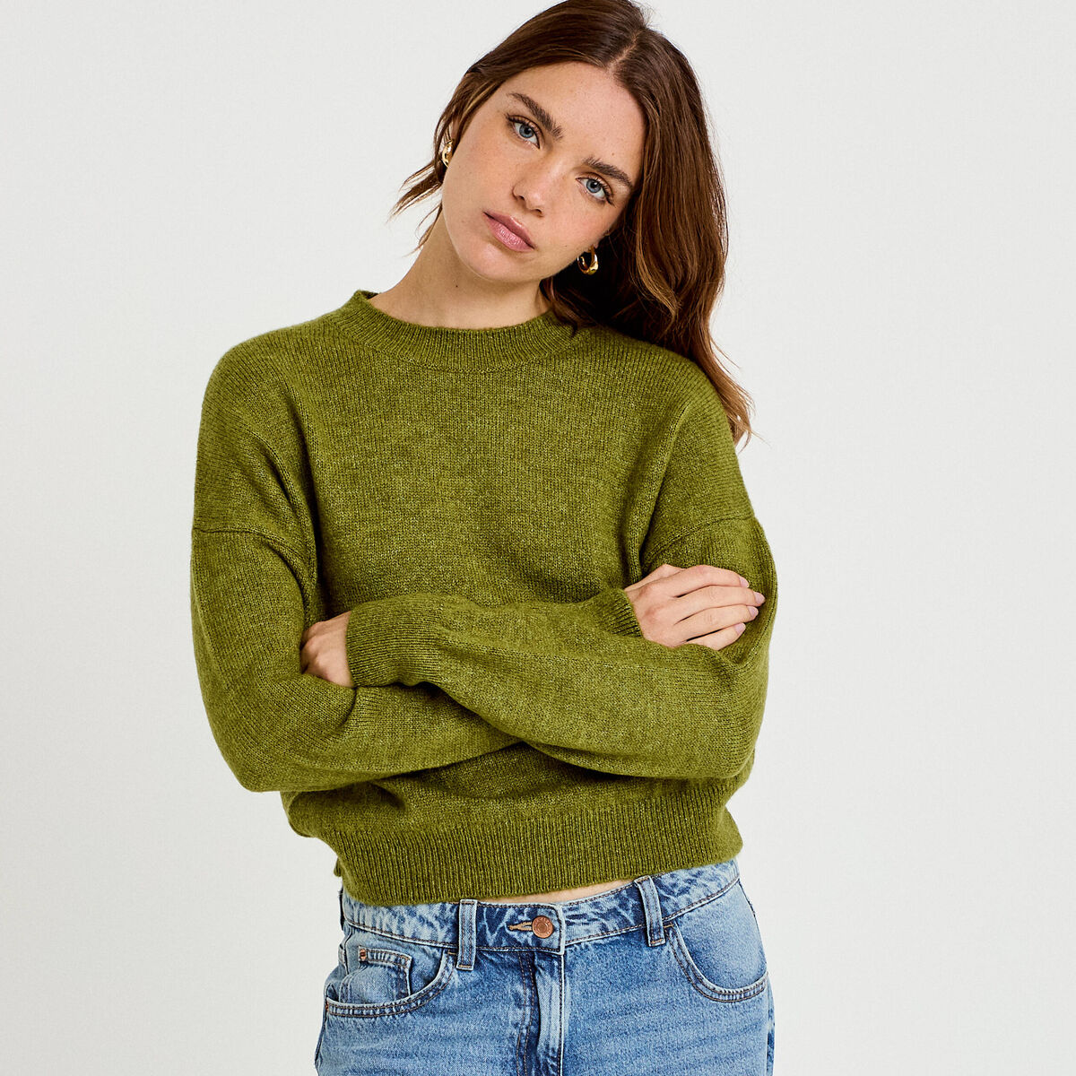 Pull col rond manches longues vert fonc&eacute; femme