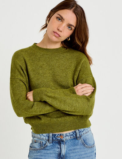 Pull col rond manches longues vert fonc&eacute; femme