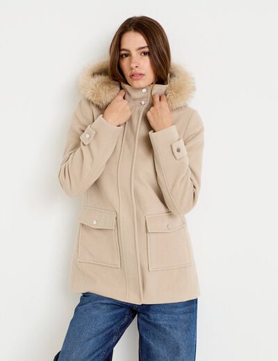 Manteau mi-long &agrave; capuche beige femme