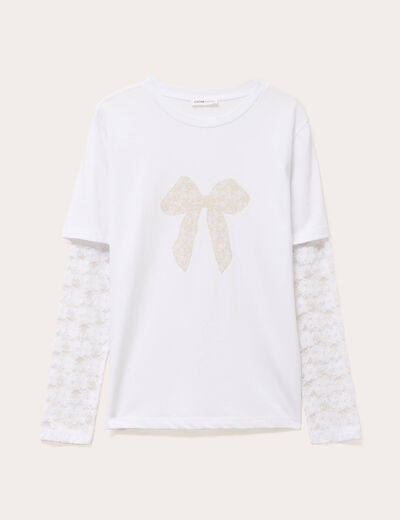 T-shirt droit court col rond dentelle blanc femme