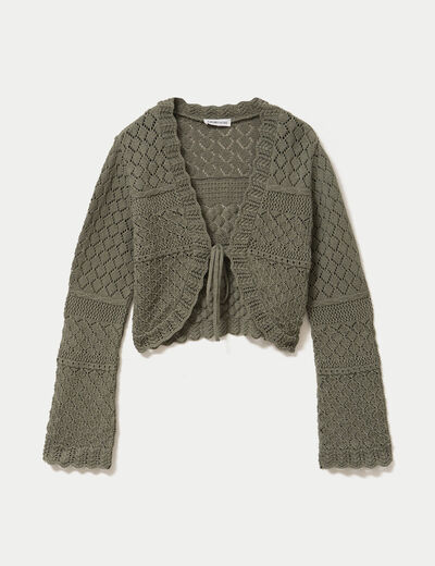 Gilet ajust&eacute; ajour&eacute; manches longues vert kaki femme