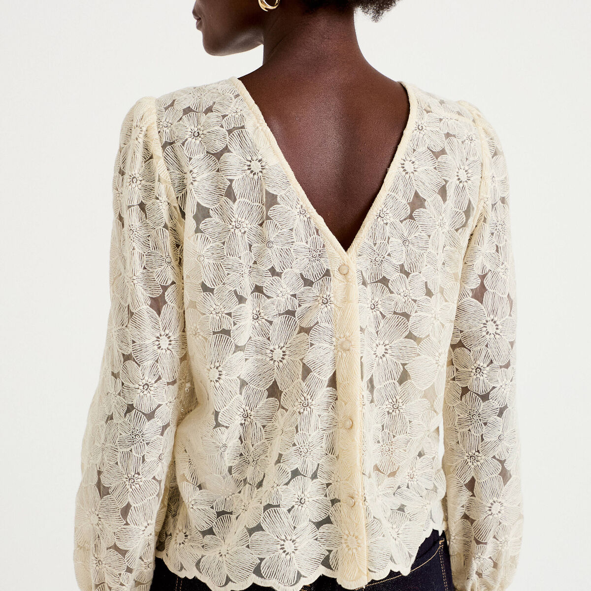 Blouse en dentelle d&eacute;collet&eacute; dos ecru femme