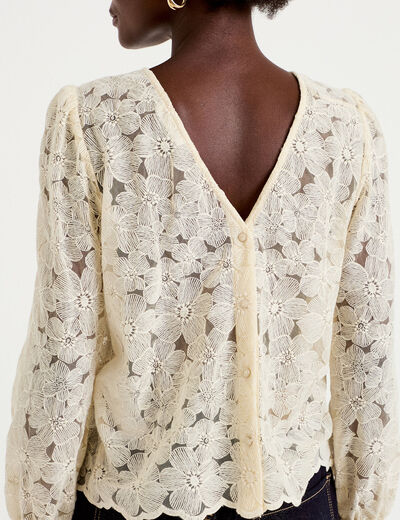 Blouse en dentelle d&eacute;collet&eacute; dos ecru femme