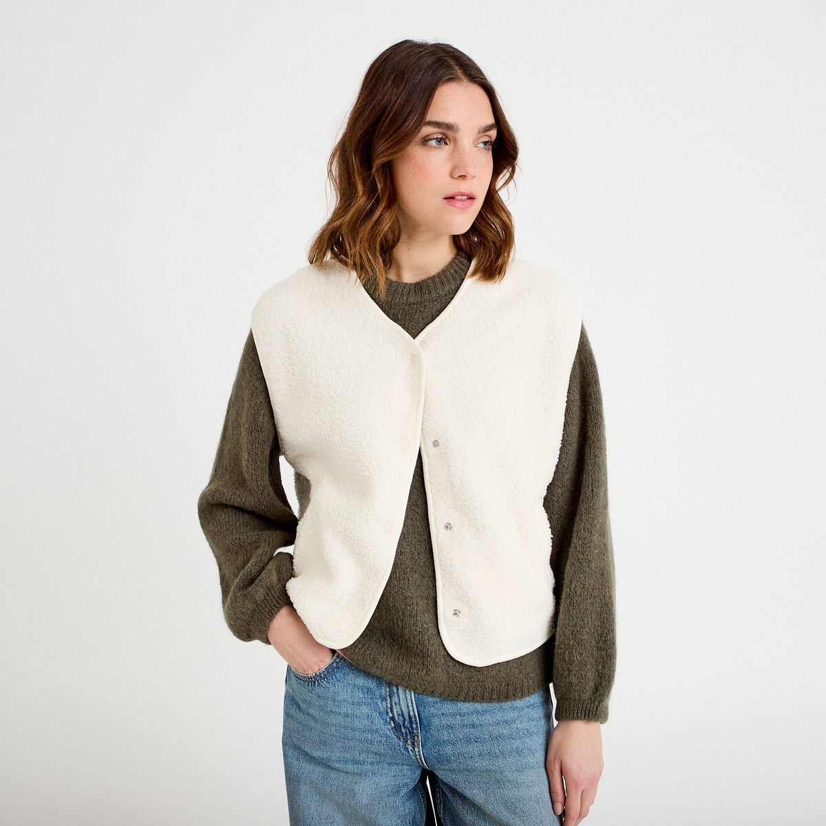 Gilet sans manches effet polaire ecru femme