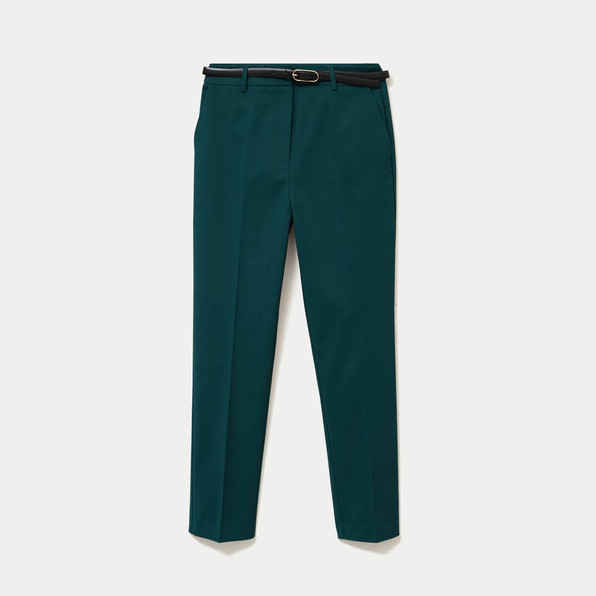 Pantalon cigarette ceintur&eacute; vert fonc&eacute; femme