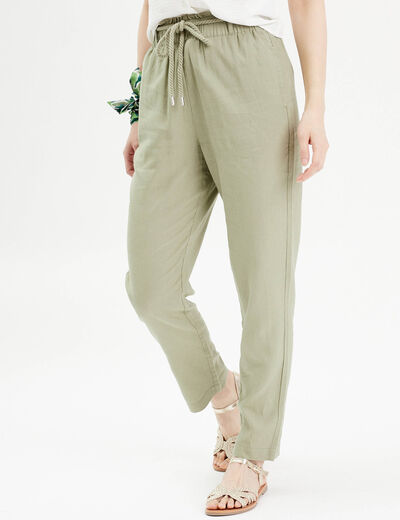 Pantalon droit fluide contenant du lin vert kaki femme