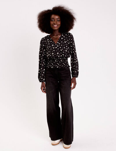Blouse courte taille smock&eacute;e noir femme