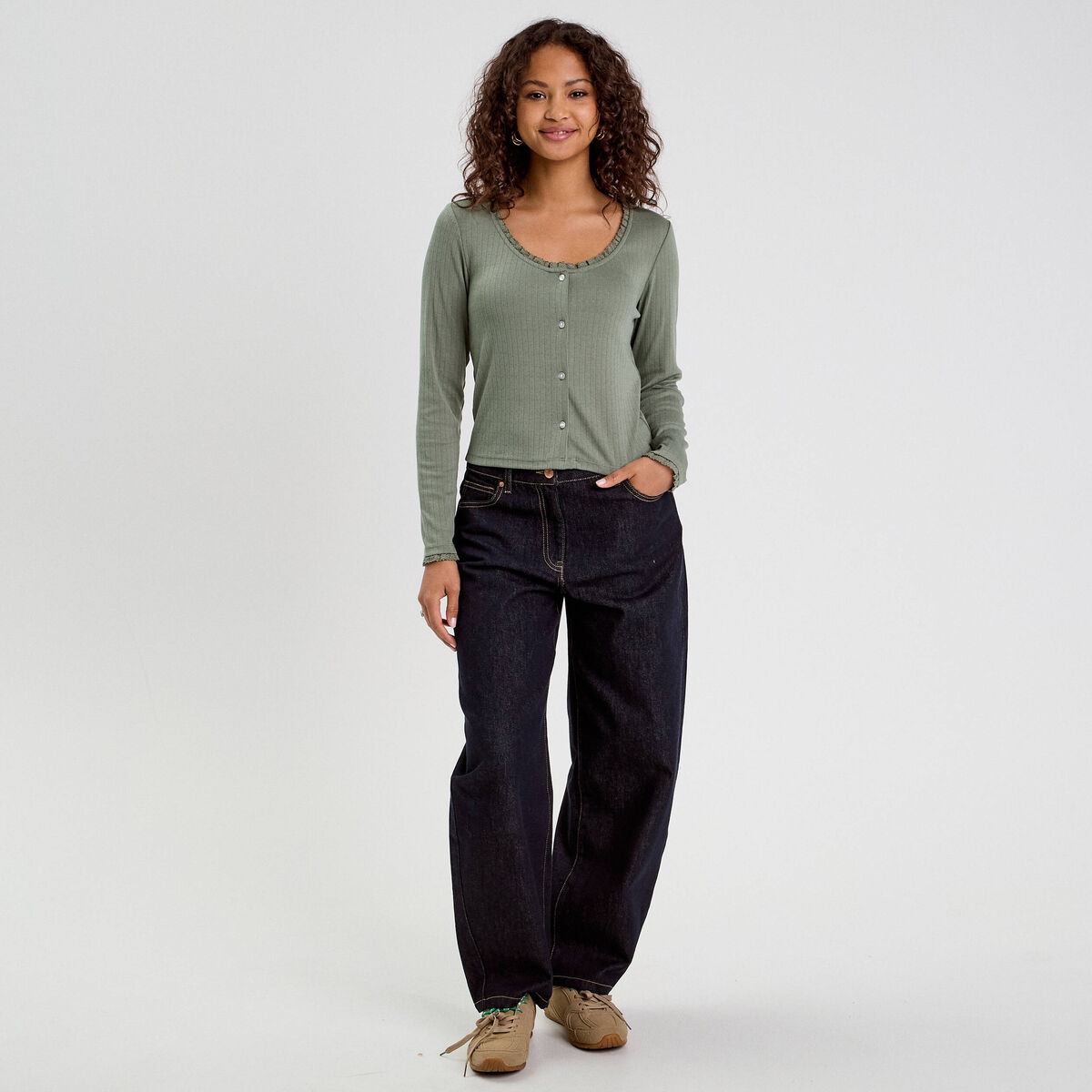 T-shirt manches longues vert kaki femme