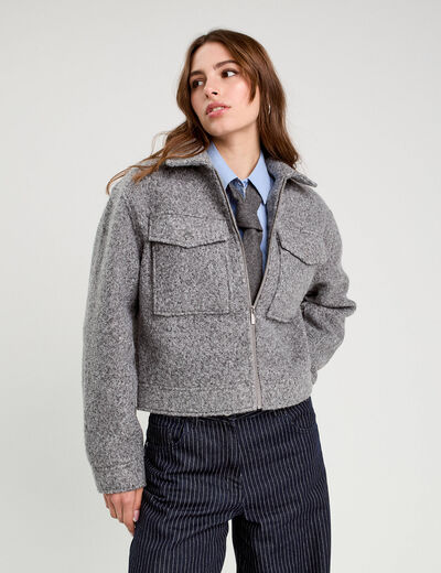 Veste zippée bouclette gris clair femme