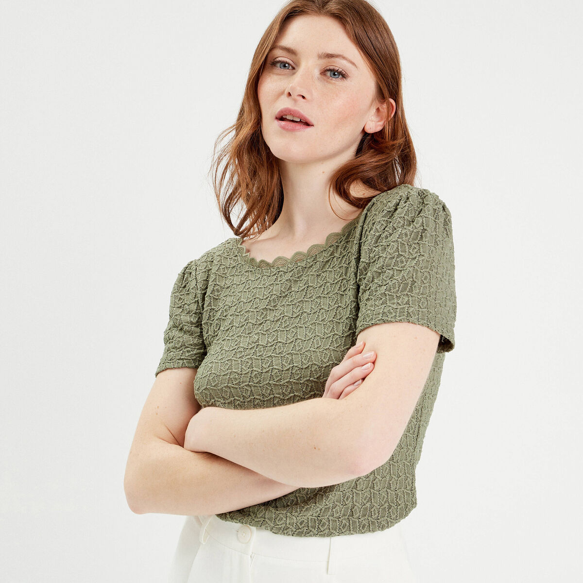 T-shirt manches courtes ajouré vert kaki femme