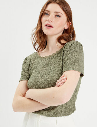 T-shirt manches courtes ajouré vert kaki femme
