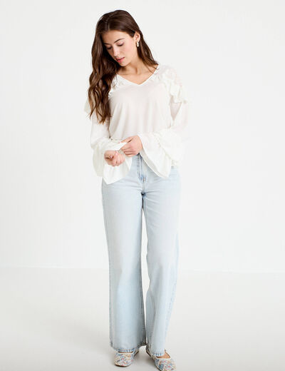 Blouse col v manches longues dentelle ecru femme