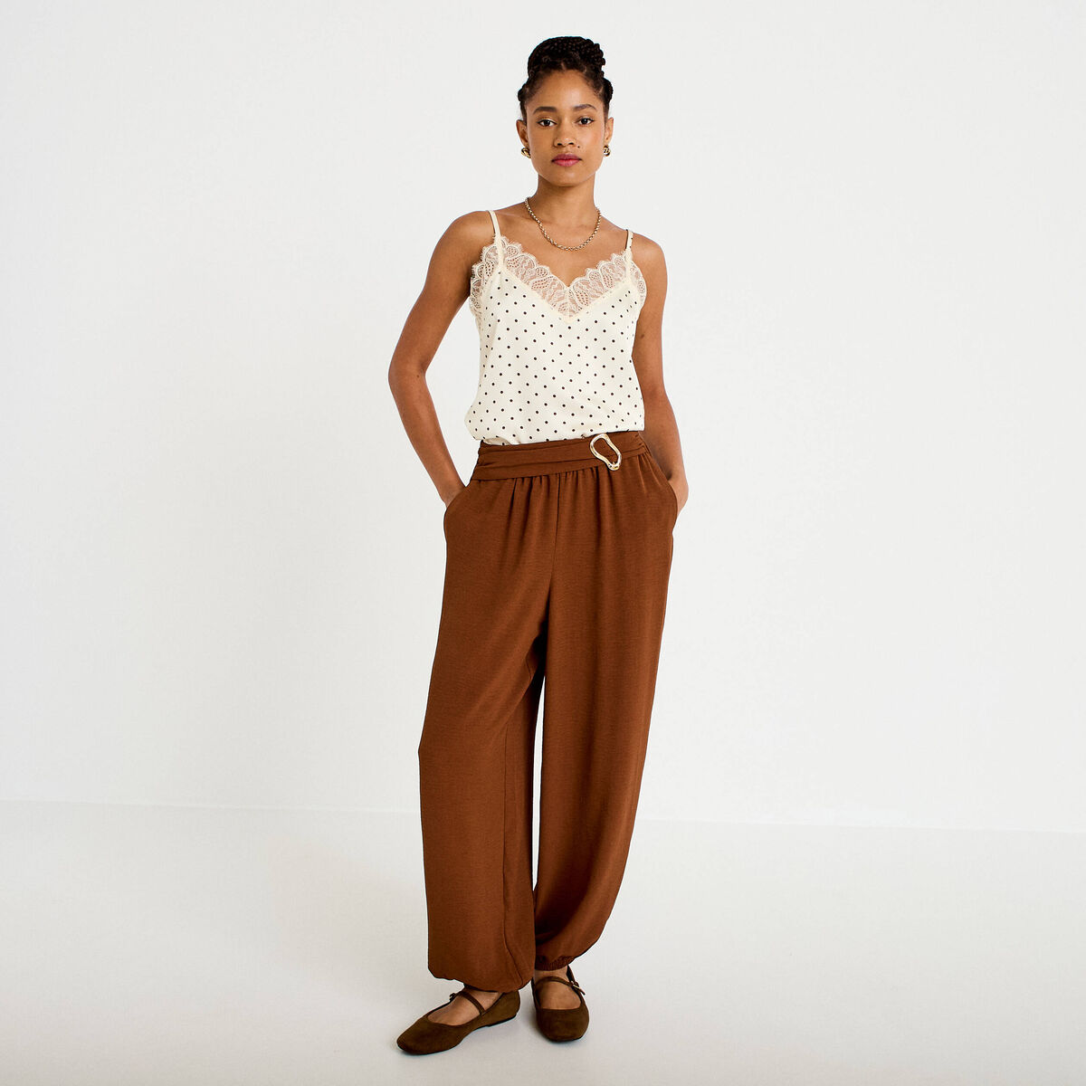 Pantalon bouffant taille standard marron femme