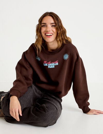 Sweat col rond manches longues marron fonc&eacute; femme