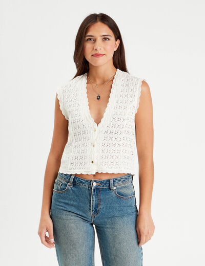 Gilet sans manches ajouré ecru femme