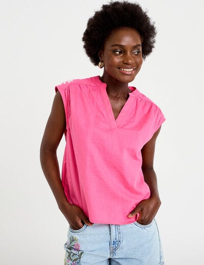 Blouse droite sans manches col v rose fushia femme