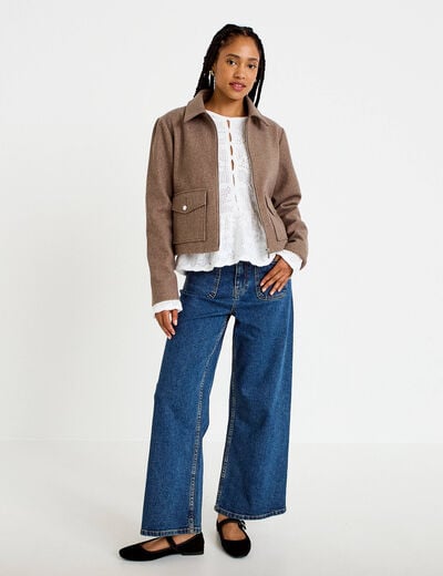 Pull ajour&eacute; p&eacute;plum manches longues ecru femme