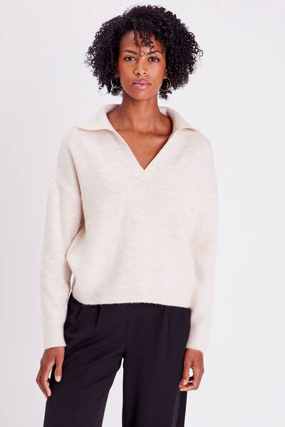 Pull avec col polo beige femme