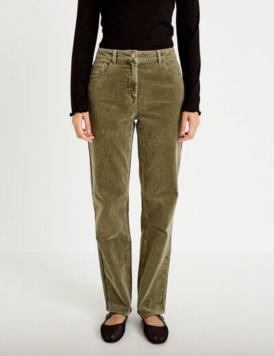 Pantalon droit en velours vert kaki femme