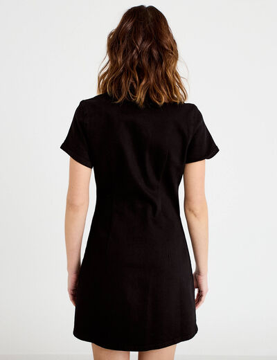 Robe courte trap&egrave;ze en jean col chemise noir femme
